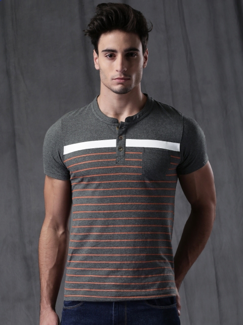 

WROGN Men Charcoal Grey & Orange Striped Henley T-shirt