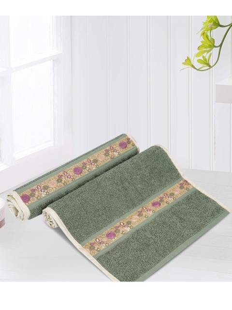 

LUSH & BEYOND Set Of 2 Green & Beige Printed 500 GSM Pure Cotton Hand Towels
