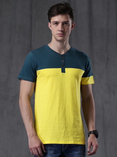 

WROGN Men Teal Blue & Yellow Colourblocked Henley Neck T-shirt