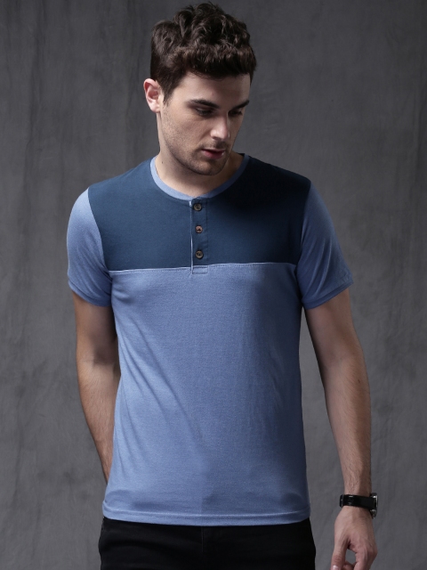 

WROGN Men Navy Blue Colourblocked Henley T-shirt