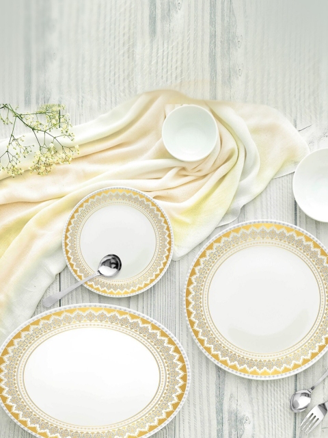 

Cello White & Gold-Toned Ethnic Motifs Printed Opalware Glossy Dinner Set 33Pieces