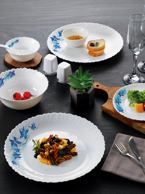 

Cello White & Blue Set Of 27 Dazzle Swirl Floral Opalware Matte Dinner Set