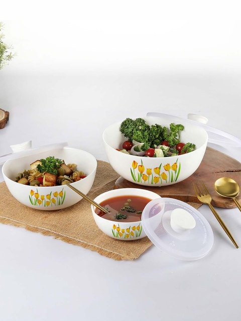 

Cello White & Yellow 3 Pcs Floral Opalware Glossy Royal Tulip Field Mixing Bowl Set