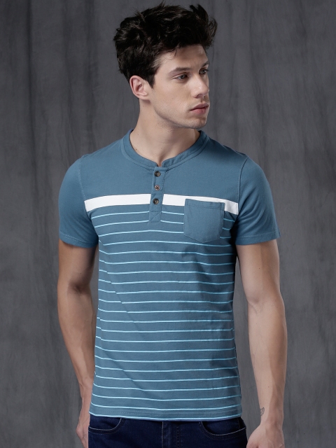 

WROGN Men Blue Striped Henley T-shirt