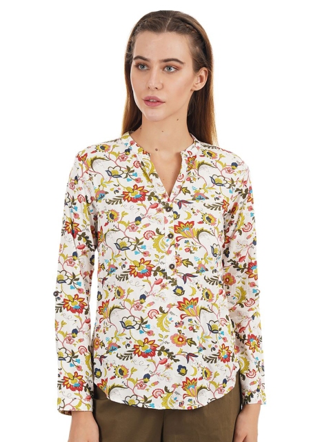 

Ethnicity Off White Floral Print Mandarin Collar Top