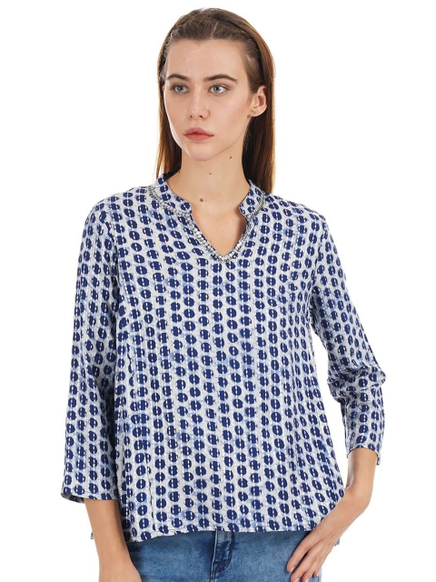 

Ethnicity Blue Geometric Print Mandarin Collar Top