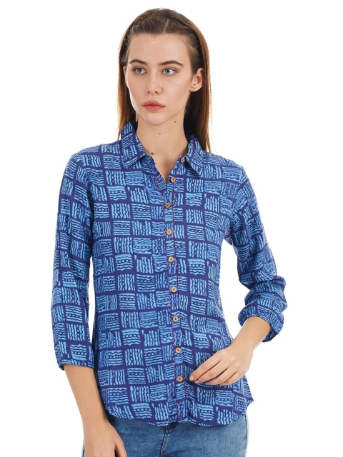 

Ethnicity Blue Geometric Print Shirt Style Top