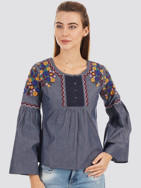 

Ethnicity Women Blue Floral Embroidered Top
