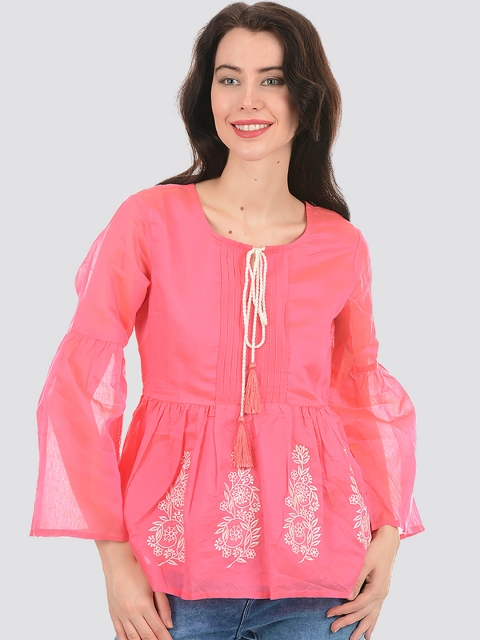 

Ethnicity Women Pink & White Print Tie-Up Neck Peplum Top