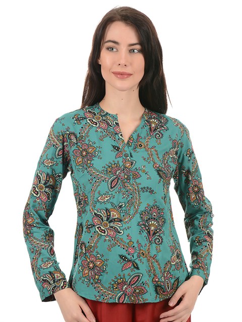 

Ethnicity Green Floral Print Mandarin Collar Top