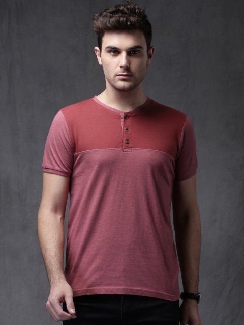 

WROGN Men Pink Solid Henley T-shirt