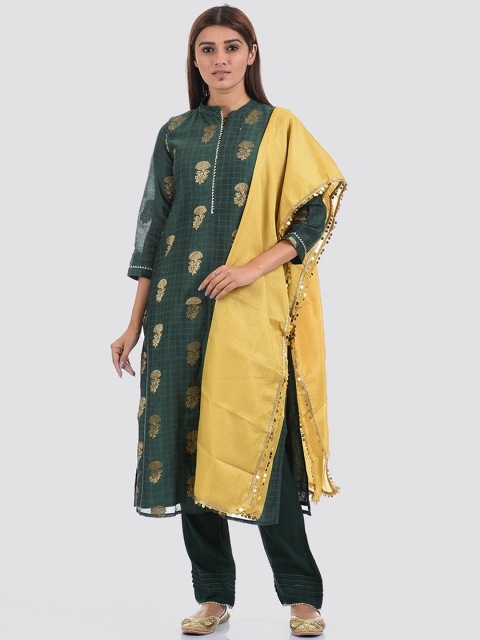 

Ethnicity Women Green & Yellow Ethnic Motifs Woven Design Kurta Set With Dupatta