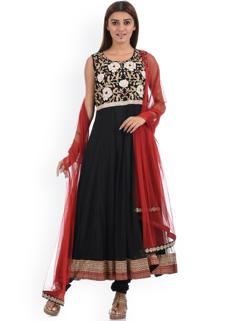 

Ethnicity Women Black Kurta with Churidar & With Dupatta