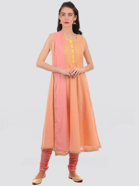 

Ethnicity Women Orange Panelled Kurta with Churidar & With Dupatta