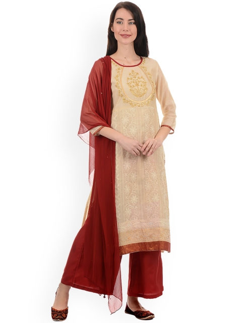

Ethnicity Women Beige Floral Printed Layered Kurti with Palazzos & With Dupatta