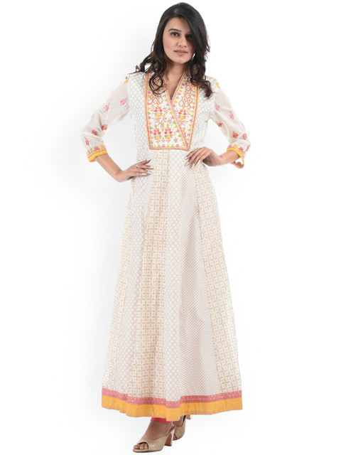 

Ethnicity Women Off White Ethnic Motifs Printed Thread Worked Angrakha Kurta with Churidar