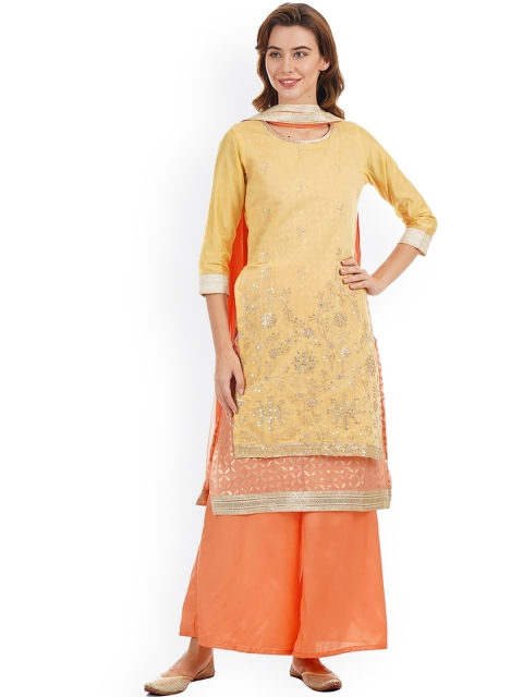 

Ethnicity Women Orange Floral Printed Layered Kurta with Palazzos