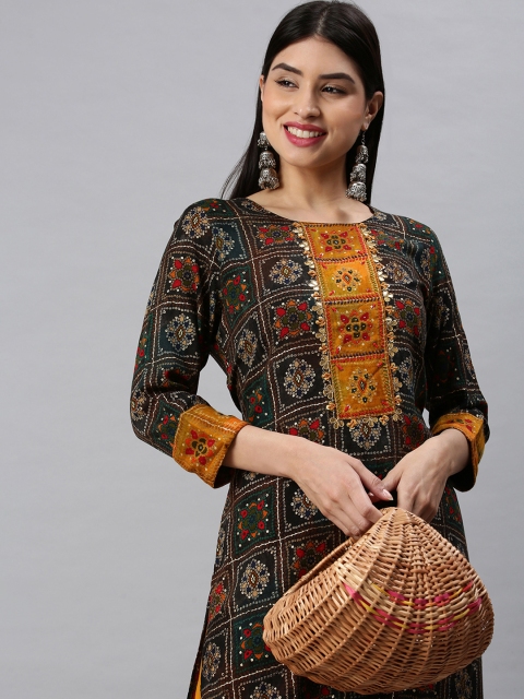 

SHOWOFF Women Multicoloured Bandhani Gotta Patti Straight Kurta & Skirt, Multi