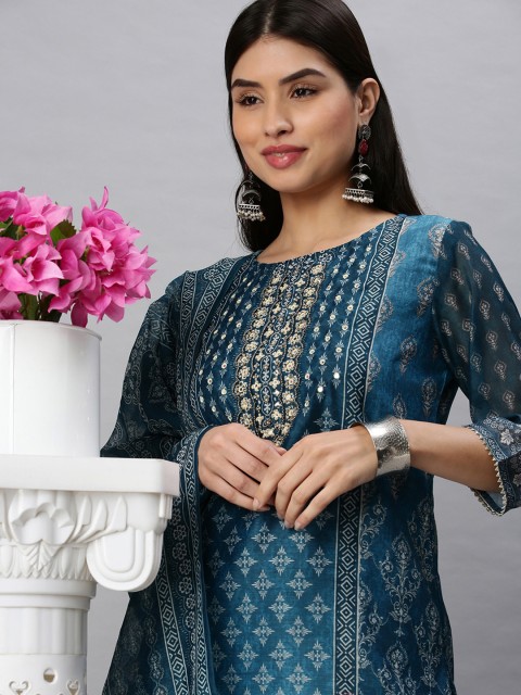 

SHOWOFF Women Blue Ethnic Motifs Beads & Stones Straight Kurta with Palazzos & With Dupatta