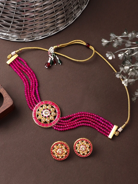 

STEORRA JEWELS Women Gold-Plated Pink Kundan Studded & Beaded Jewellery Set