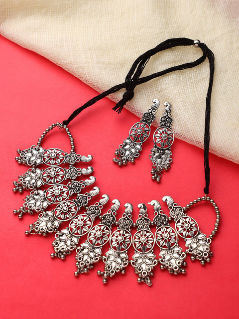 

STEORRA JEWELS Oxidised Silver-Plated Choker Jewellery Set