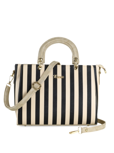 

Exotic Cream-Coloured & Black Striped PU Structured Handheld Bag
