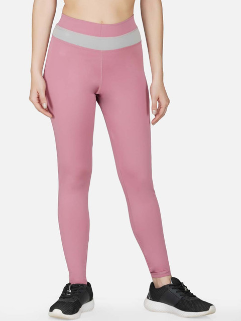 

IMPERATIVE Women Pink & Grey Solid Slim Fit Dry Fit Yoga Tights with Striped Waistband