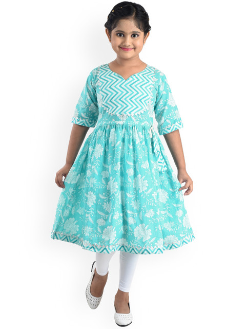 

Kinder Kids Girls Blue Printed Anarkali Pure Cotton Kurta with Trousers