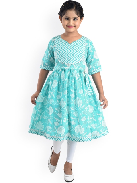

Kinder Kids Girls Blue Floral Printed Pure Cotton Kurta With Leggings