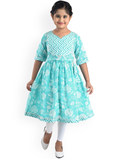 

Kinder Kids Girls Blue Printed Pure Cotton Kurti with Trousers