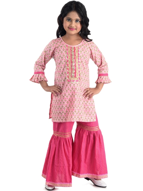 

Kinder Kids Girls Pink Floral Printed Pure Cotton Kurti with Sharara