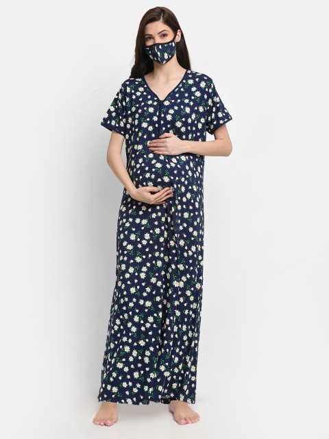 

Tiara Navy Blue Printed Maxi Maternity Nightdress With Cloth Mask