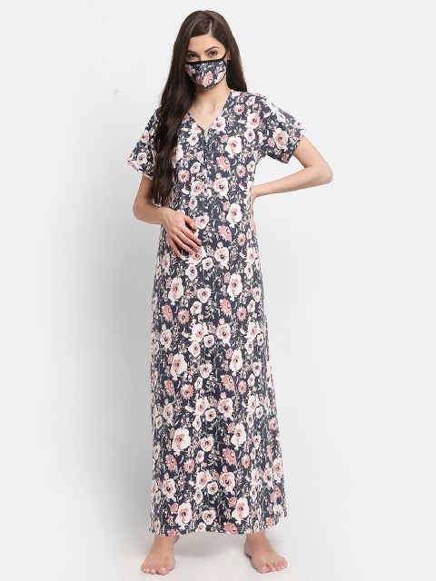 

Tiara Navy Blue Printed Maxi Maternity Nightdress With Cloth Mask