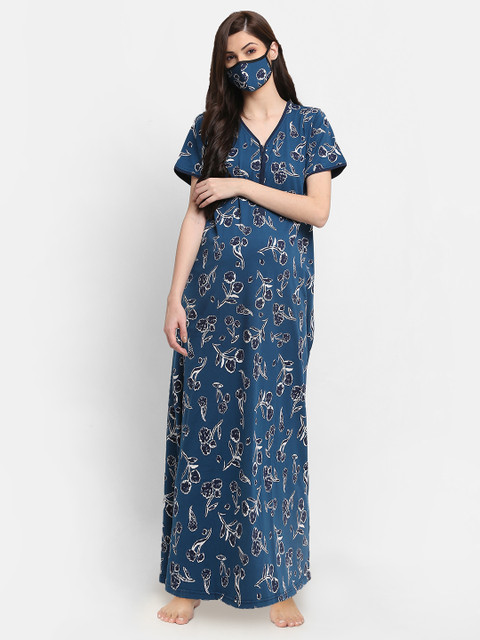 

Tiara Blue Printed Maxi Maternity Nightdress With Cloth Mask