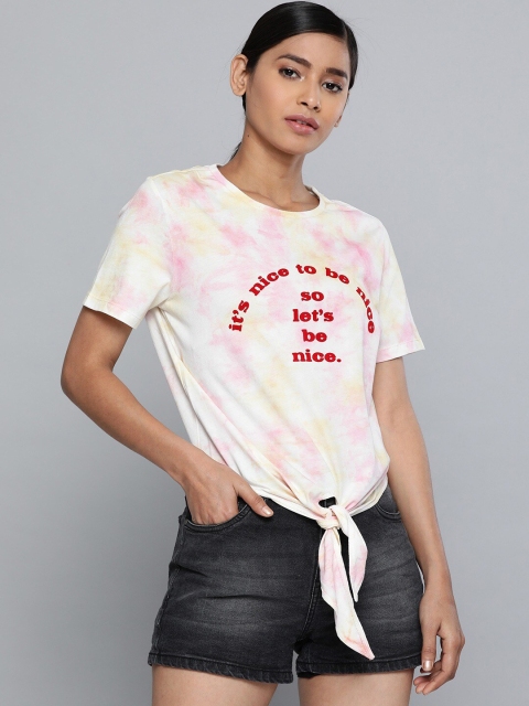 

VividArtsy Women Pink & White Tie and Dye Pure Cotton Front Knot Crop Top