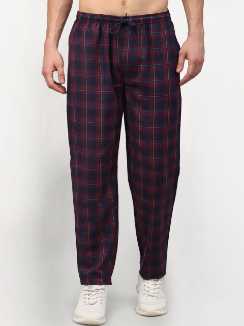 

JAINISH Men Red & Navy Blue Checked Slim-Fit Pure Cotton Track Pants