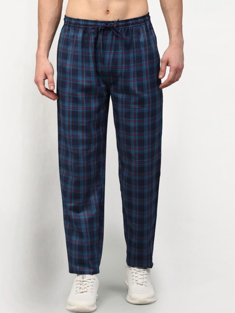 

JAINISH Men Blue Checked Slim Fit Pure Cotton Track Pants
