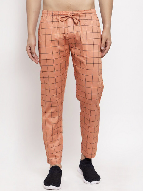 

JAINISH Men Orange Checked Pure Cotton Slim-Fit Track Pants