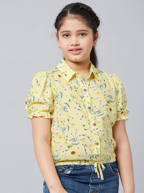

Stylo Bug Girls Yellow Floral Printed Shirt Style Top