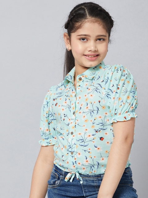 

Stylo Bug Girls Sea Green Floral Print Pure Cotton Shirt Style Top