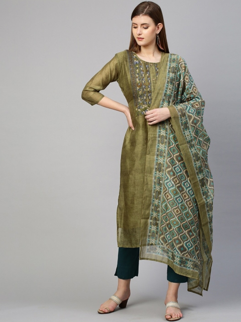 

FASHOR Women Green Chevron Yoke Design Chanderi Silk Chanderi Silk Kurta