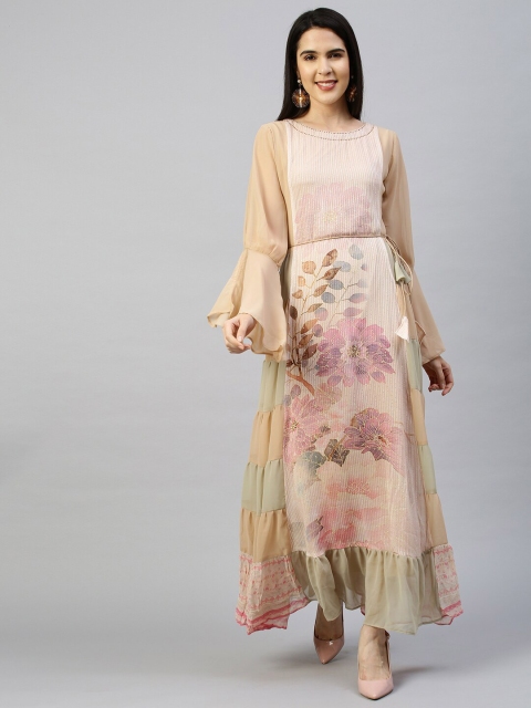 

FASHOR Women Beige Floral Georgette Sequin Embroidered Flounce Maxi Dress