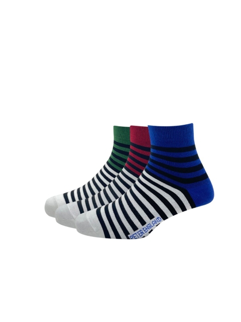 

Peter England Men Red & Blue Pack of 3 Cotton Striped Ankle Length Socks