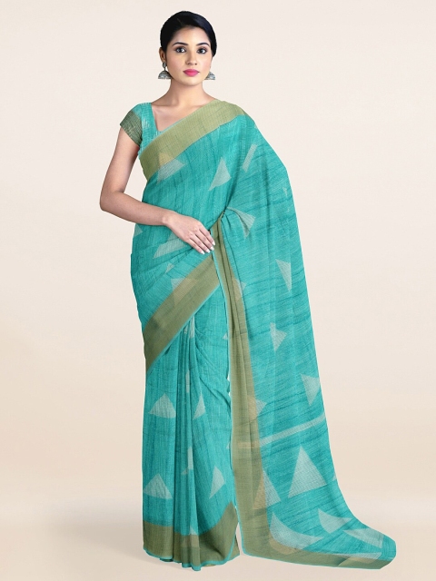 

Pothys Blue & White Gold-Toned Geometric Printed Cotton Saree