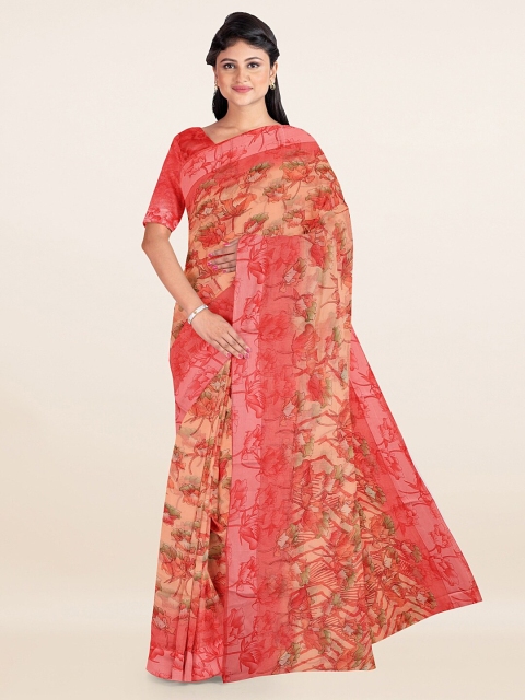 

Pothys Peach-Coloured & Cream-Coloured Floral Printed Zari Saree