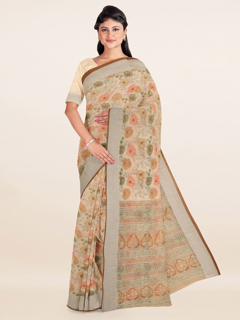 

Pothys Cream-Coloured & Green Floral Zari Saree