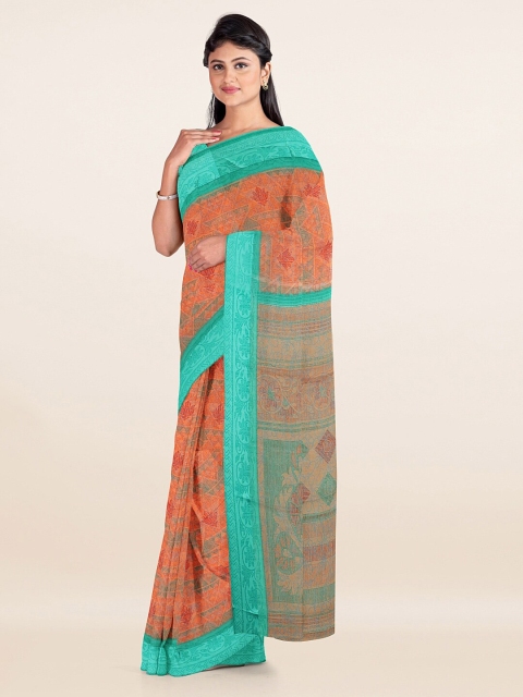 

Pothys Peach-Coloured & Blue Printed Saree