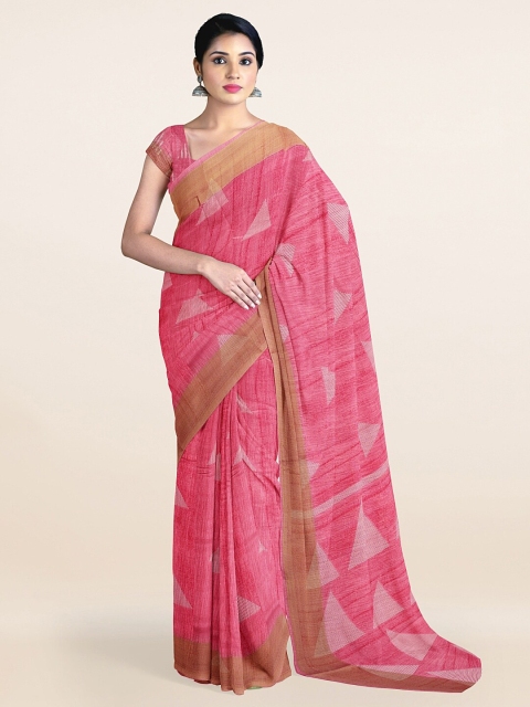 

Pothys Pink & White Gold-Toned Geometric Printed Cotton Saree