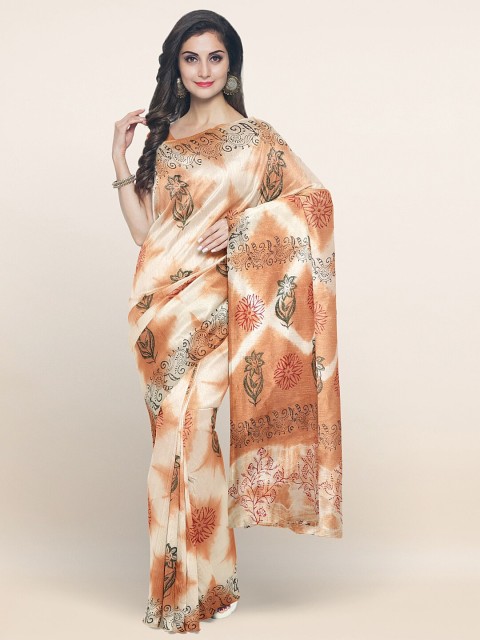 

Pothys Cream-Coloured & Orange Floral Pure Cotton Saree