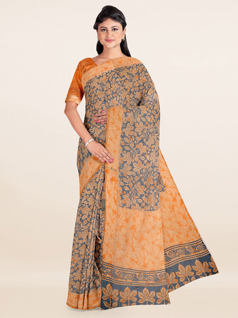 

Pothys Peach-Coloured & Blue Floral Saree